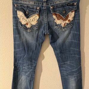 Miss Me Blue Skinny Jeans with Embellished Brown & Cream Pocket Appliqué